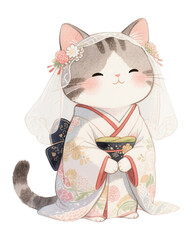 Cute Cat Bride in Kimono, Wedding Illustration