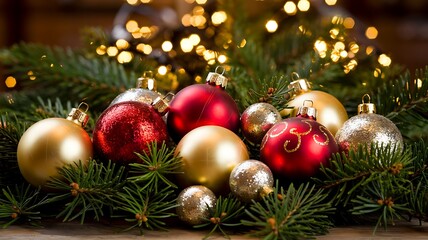 Elegant Christmas Baubles Collection in Red Gold and Silver Colors Nestled in Pine Needles with Festive Warm Lights