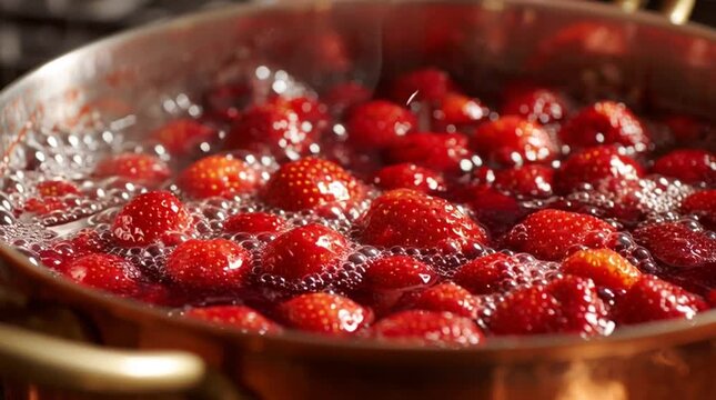 Vibrant close-up of fresh strawberries or raspberries bubbling in a copper pot on a stove, capturing homemade jam cooking, rich color, texture and traditional kitchen craft.
