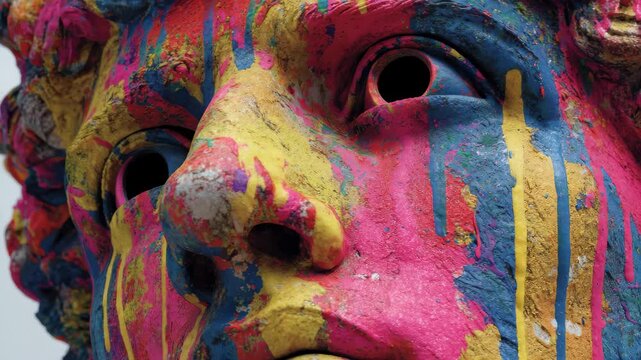 Colorful paint drips on a textured sculpture of a face with closed eyes set against a plain background in a well-lit space during the day