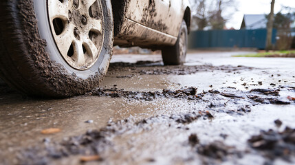 Off-road adventure: A car navigates a muddy path, tires caked with earth after traversing challenging terrain.  The vehicle's journey is etched in the muddy ruts.