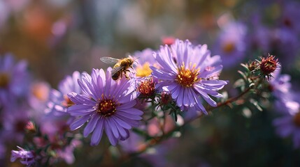 Bee pollinating purple aster flowers in soft sunlit garden.