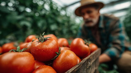 Fresh, ripe tomatoes glisten with moisture in a rustic wooden basket, set against a lush greenhouse backdrop, capturing the essence of farm-to-table freshness.