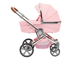 Pink baby stroller with floral basket and canopy isolated on transparent background