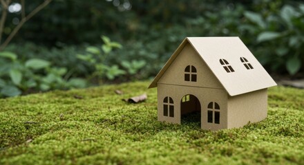 Miniature paper house sits on moss, surrounded by greenery
