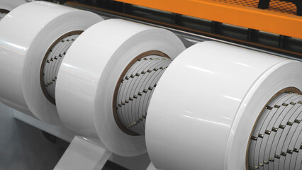 Large industrial automatic machine for cutting and gluing PVC film on wood chipboard and MDF boards for furniture production, rollers with white PVC film