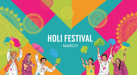 Obraz premium Holi Festival Celebration with People Playing Colors.