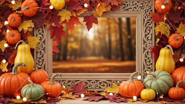 Autumn pumpkins and gourds with fall leaves and string lights in a rustic wooden frame against a Ai HD high quality video.