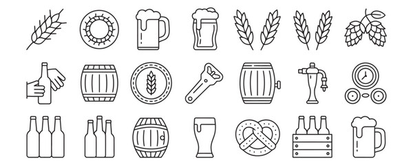 Beer brewery icons set including wheat, beer mug, hops, barrel