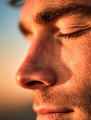 Obraz premium Profile of a man with closed eyes soaking in warm sunlight showcasing skin texture and serene expression during golden hour outdoors