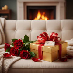 red gift box on the sofa
