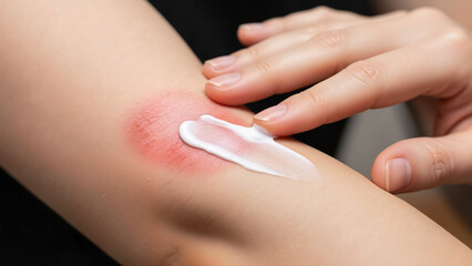 Fototapeta premium Person applying cream on irritated skin with psoriasis redness