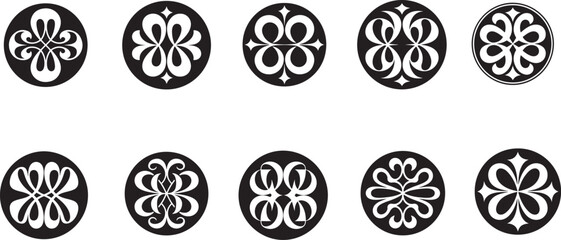Ten black and white circular floral patterns with symmetrical