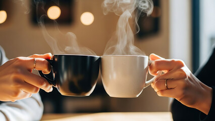 Two individuals clinking their steaming mugs of coffee together in a warm embrace