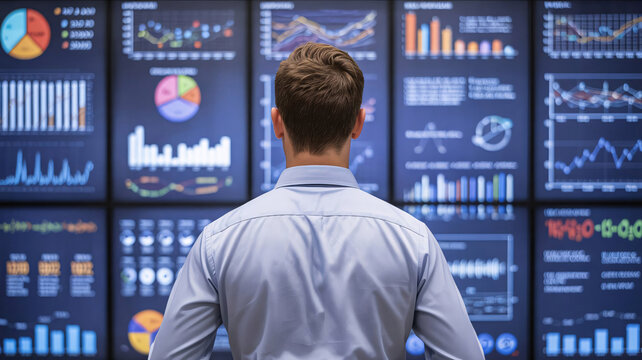 Professional analyst monitoring financial data on a digital dashboard with interactive charts and graphs - Powered by Adobe