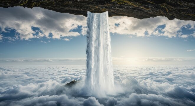 A highly manipulated and surreal landscape featuring a waterfall flowing unnaturally upward toward the clouds, illustrating the bending of natural laws, illustration, natural laws, concept