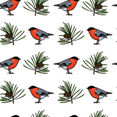 Vector seamless pattern with hand drawn cute bullfinches among pine twigs made with ink. Beautiful northern wildlife design elements. Perfect for holidays season prints and patterns