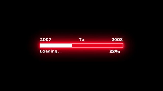 Loading 100 percent complete progress bar digital interface technology modern design white color animation. New year 2007 to 2008 loading bar animation. Neon bright rectangle frame black background.