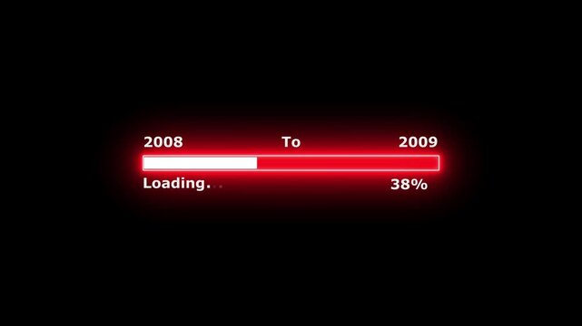 Loading 100 percent complete progress bar digital interface technology modern design white color animation. New year 2008 to 2009 loading bar animation. Neon bright rectangle frame black background.
