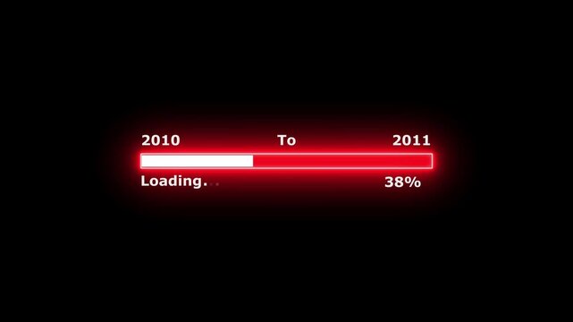 Loading 100 percent complete progress bar digital interface technology modern design white color animation. New year 2010 to 2011 loading bar animation. Neon bright rectangle frame black background.