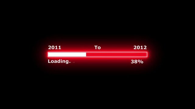 Loading 100 percent complete progress bar digital interface technology modern design white color animation. New year 2011 to 2012 loading bar animation. Neon bright rectangle frame black background.