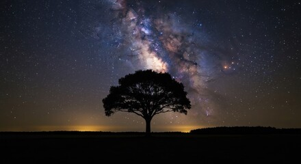 Silhouette of a tree against a vibrant night sky with the Milky Way