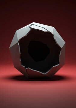 An empty, broken geometric object revealing a deep, dark void inside, symbolizing superficiality, emptiness, isolation, lack of substance, and deceit, meaningless, core, depth