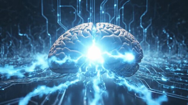 Digital blue light signals entering the human brain through glowing circuits.