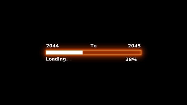 Loading 100 percent complete progress bar digital interface technology modern design white color animation. New year 2044 to 2045 loading bar animation. Neon bright rectangle frame black background.