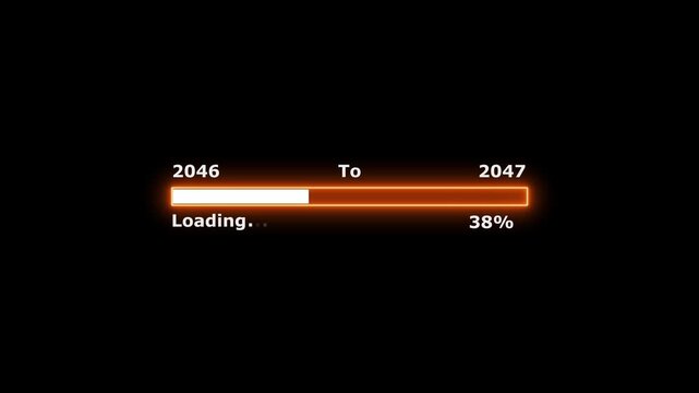 Loading 100 percent complete progress bar digital interface technology modern design white color animation. New year 2046 to 2047 loading bar animation. Neon bright rectangle frame black background.