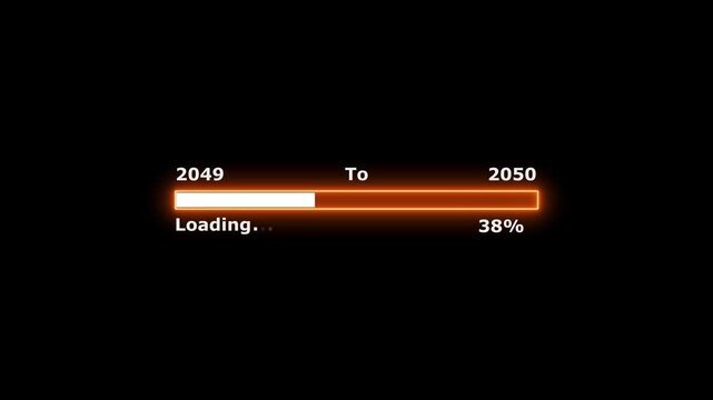 Loading 100 percent complete progress bar digital interface technology modern design white color animation. New year 2049 to 2050 loading bar animation. Neon bright rectangle frame black background.