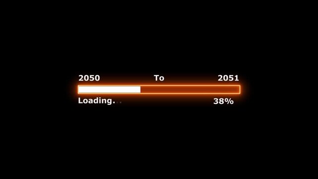 Loading 100 percent complete progress bar digital interface technology modern design white color animation. New year 2050 to 2051 loading bar animation. Neon bright rectangle frame black background.