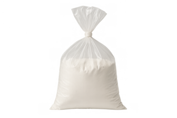 White powder ingredient in a transparent plastic bag, ready for baking, cooking, or food preparation, against a clear background