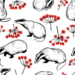 Vector seamless pattern with hand drawn badgers with graceful rowan twigs. Ink drawing, graphic style. Beautiful animal design elements, perfect for prints and patterns. 