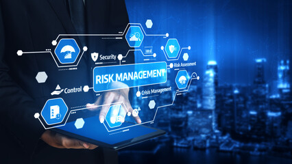 A professional presenting a tablet with digital icons that illustrate various aspects of risk...