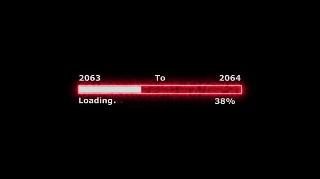 Loading 100 percent complete progress bar digital interface technology modern design white color animation. New year 2063 to 2064 loading bar animation. Neon bright rectangle frame black background.
