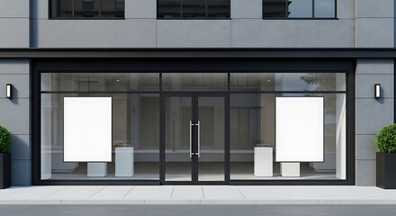 Modern storefront with large glass windows, featuring two blank white posters inside, ready for custom advertisement or branding display in an urban commercial setting