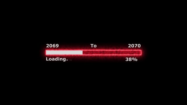 Loading 100 percent complete progress bar digital interface technology modern design white color animation. New year 2069 to 2070 loading bar animation. Neon bright rectangle frame black background.