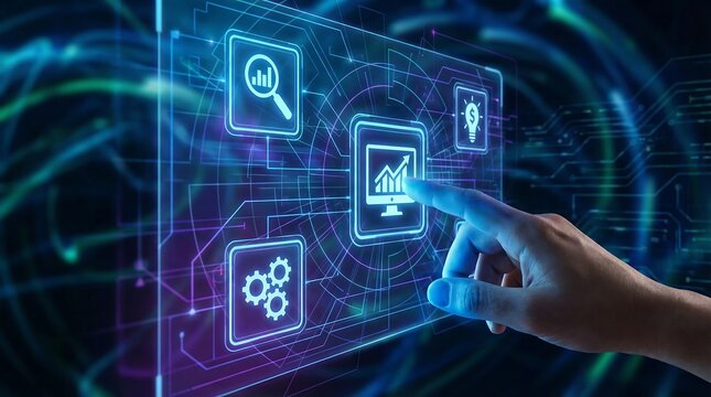 A person interacts with a futuristic digital interface for business analytics, representing modern technology and innovation in the workplace. - Powered by Adobe