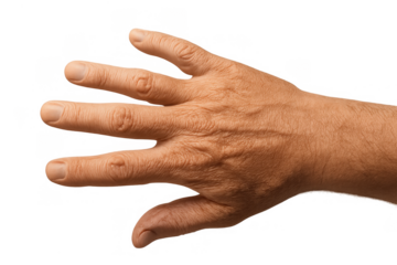 Human hand reaching out with fingers spread, dorsal view, offering or requesting gesture, transparent background