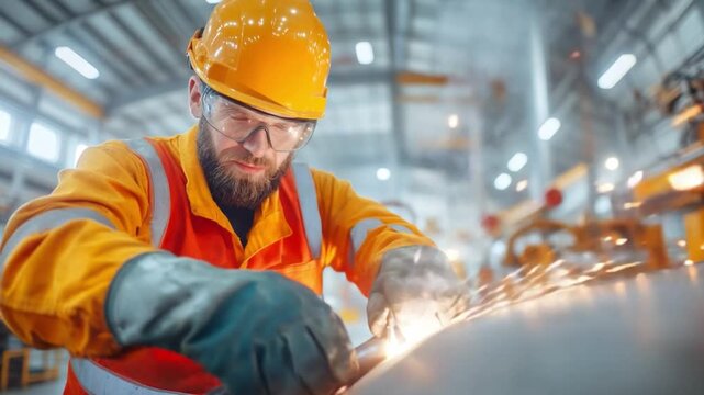 Precision in Action: A skilled worker, clad in safety gear, meticulously welds metal components in a modern industrial setting, sparks flying as dedication meets craftsmanship.