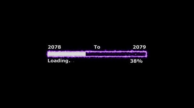 Loading 100 percent complete progress bar digital interface technology modern design white color animation. New year 2078 to 2079 loading bar animation. Neon bright rectangle frame black background.