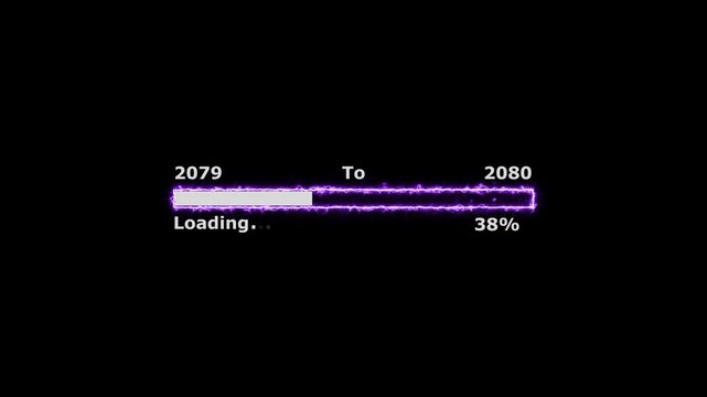 Loading 100 percent complete progress bar digital interface technology modern design white color animation. New year 2079 to 2080 loading bar animation. Neon bright rectangle frame black background.