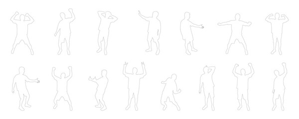 Collection of men contours cheering, jumping, and showing thumbs up gestures. Vector illustration
