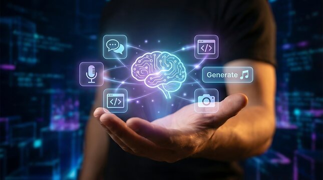 A person holds a glowing brain with coding and media icons floating above, symbolizing innovation and creativity in technology and digital media. - Powered by Adobe