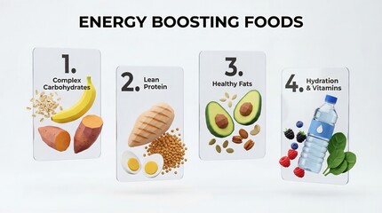 Four essential categories of energy boosting foods illustrated with complex carbohydrates lean protein healthy fats and vital hydration sources for optimal nutrition