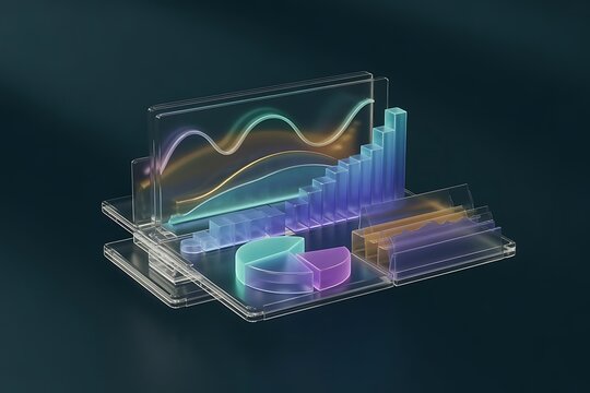 Stunning 3D glass graphs and charts with colorful neon lights on transparent layers for business analytics and data visualization - Powered by Adobe