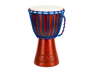 A djembe drum with blue and red beads on a transparent background