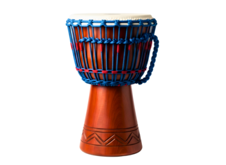 A traditional african djembe drum with blue and red woven rope on a transparent background