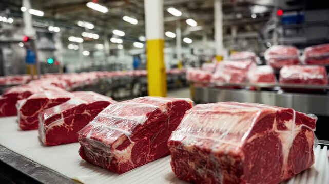 Freshly cut beef is prepared and packaged in a busy meat processing facility during weekday operations in the early afternoon